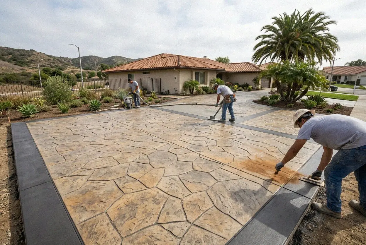 Crew pressing a slate pattern into a fresh stamped patio in Mission Viejo